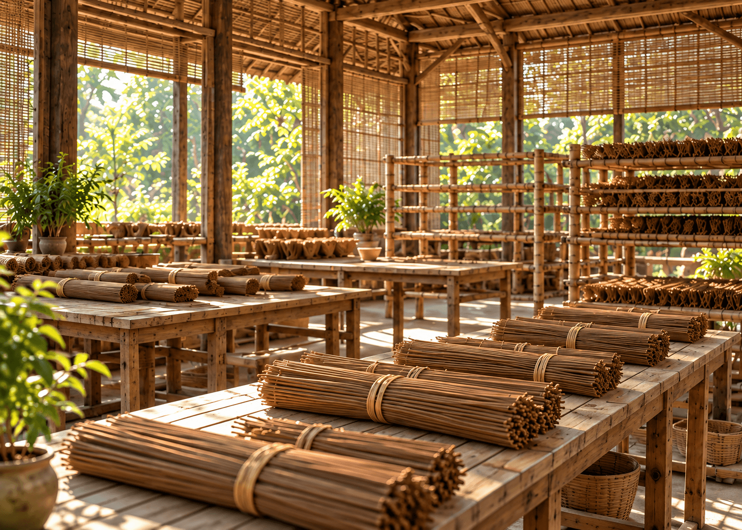Không gian xưởng sản xuất nhang sạch và giàn phơi đón nắng tự nhiên tại Tùng Lộc