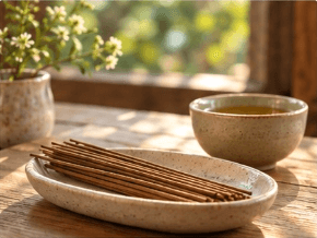 Khay gốm đựng nhang thảo mộc Nhiên Hương bên chén trà và góc cửa sổ nắng ấm