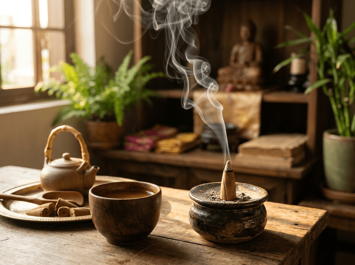 Lư hương gốm mộc với làn khói hương nụ uyển chuyển trang nghiêm bên tách trà ấm